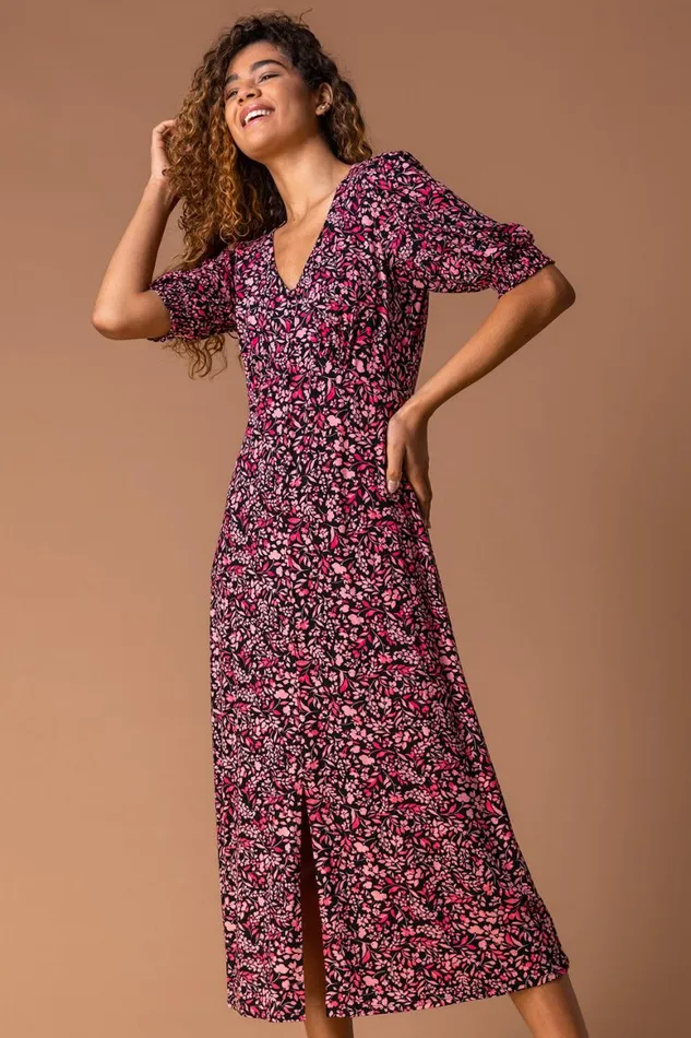 Women Rose Floral Print Puff Sleeve Midi Dress Roman Dresses