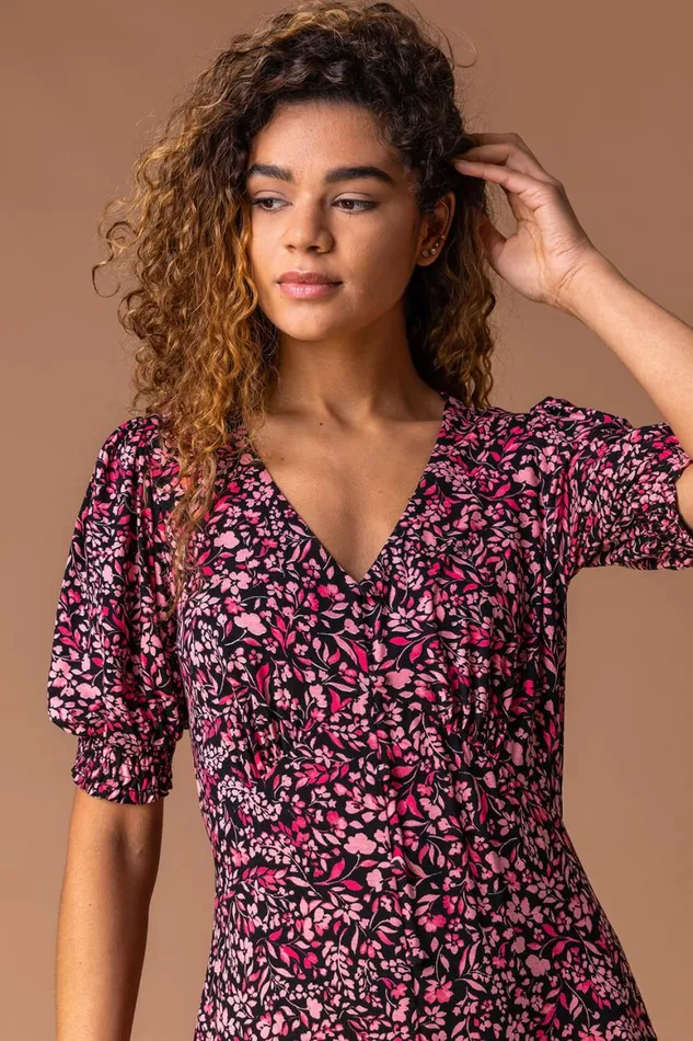 Women Rose Floral Print Puff Sleeve Midi Dress Roman Dresses