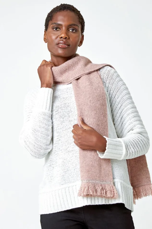 Women Rose Hotfix Trim Fringe Detail Knit Scarf Roman Scarves