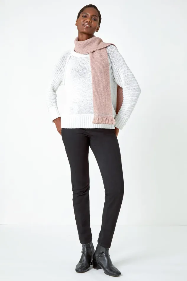 Women Rose Hotfix Trim Fringe Detail Knit Scarf Roman Scarves