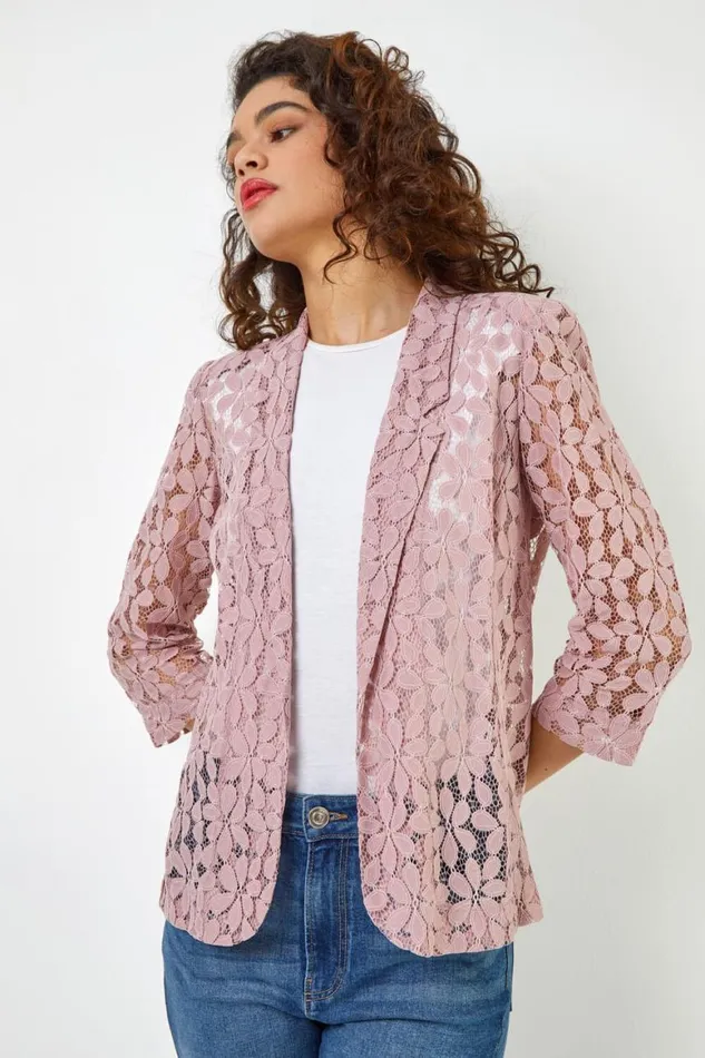 Women Rose Pink 34 Sleeve Petal Lace Jacket Roman Occasionwear