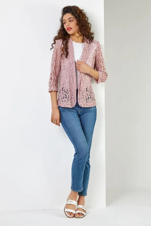 Women Rose Pink 34 Sleeve Petal Lace Jacket Roman Occasionwear