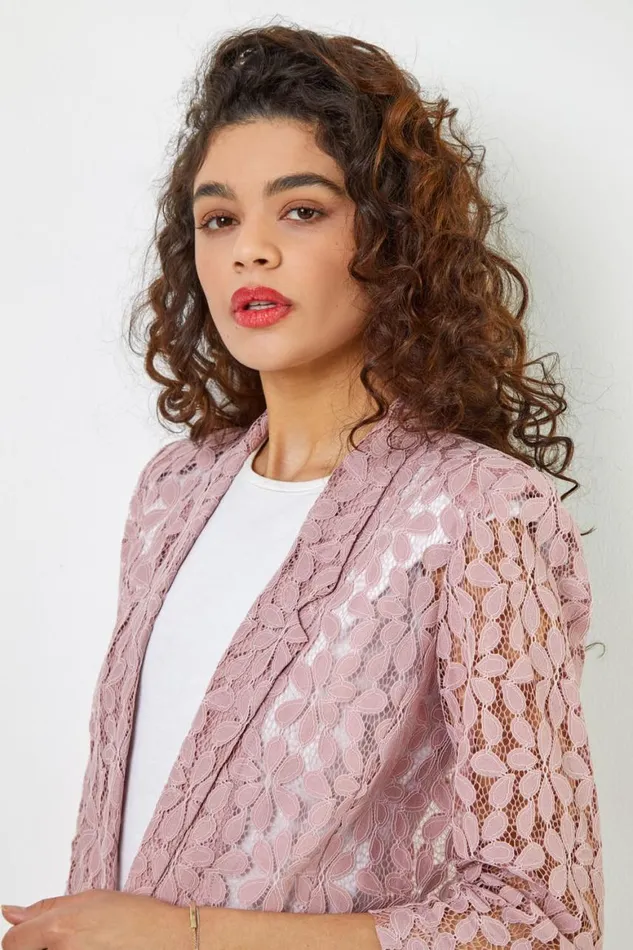 Women Rose Pink 34 Sleeve Petal Lace Jacket Roman Occasionwear