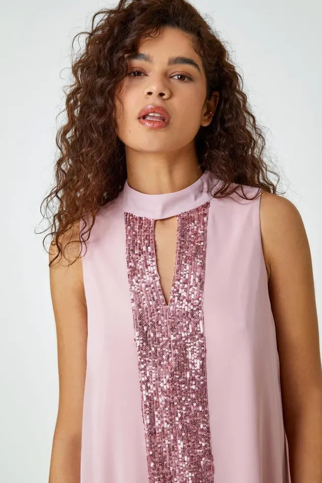 Women Rose Sleeveless High Neck Sequin Top Roman Tops