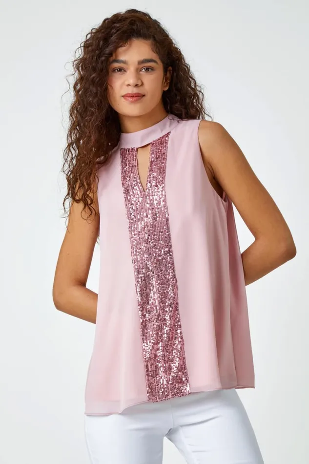 Women Rose Sleeveless High Neck Sequin Top Roman Tops