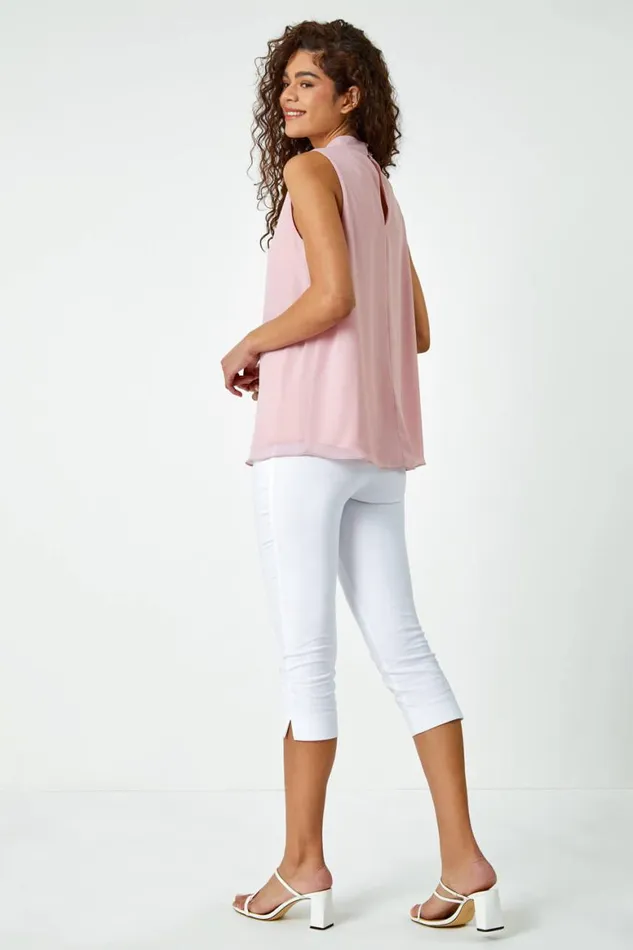 Women Rose Sleeveless High Neck Sequin Top Roman Tops