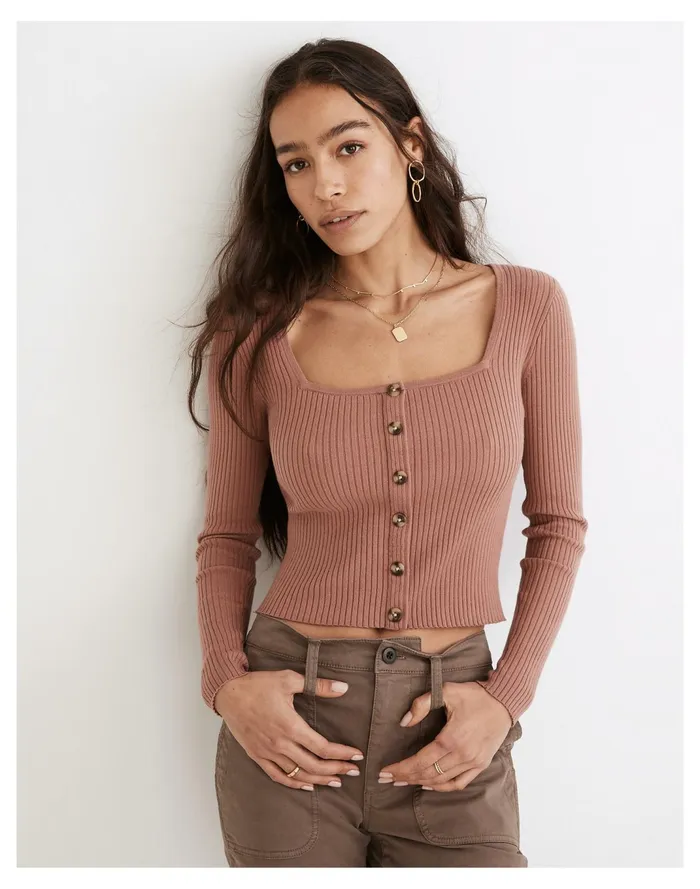 Women Rosseau Square Neck Crop Cardigan Top Faded Mauve Madewell Sweaters Women Rosseau Square Neck Crop Cardigan Top Faded Mauve Madewell Sweaters