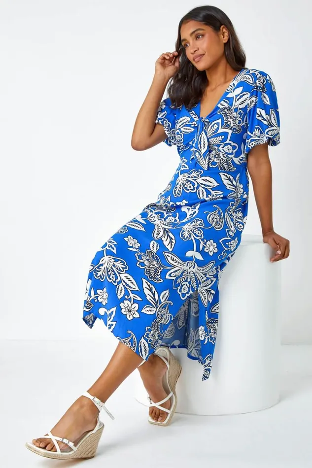 Women Royal Blue Bold Floral Stretch Midi Dress Roman Dresses