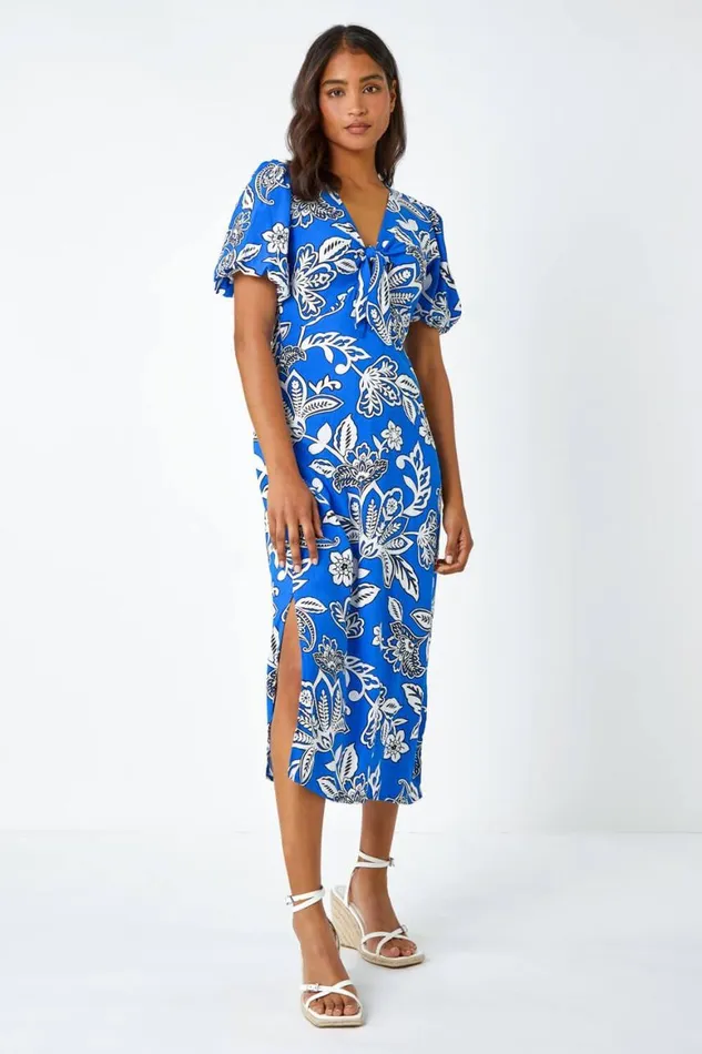 Women Royal Blue Bold Floral Stretch Midi Dress Roman Dresses