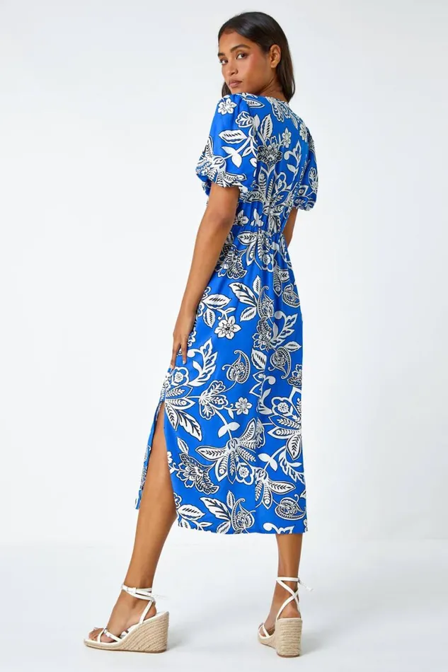 Women Royal Blue Bold Floral Stretch Midi Dress Roman Dresses