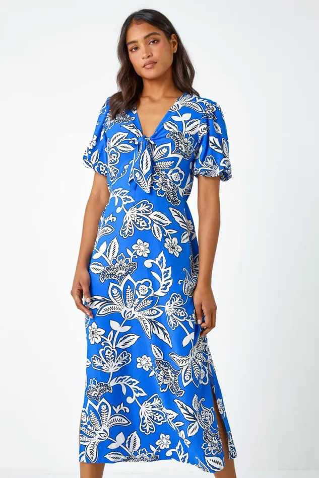 Women Royal Blue Bold Floral Stretch Midi Dress Roman Dresses