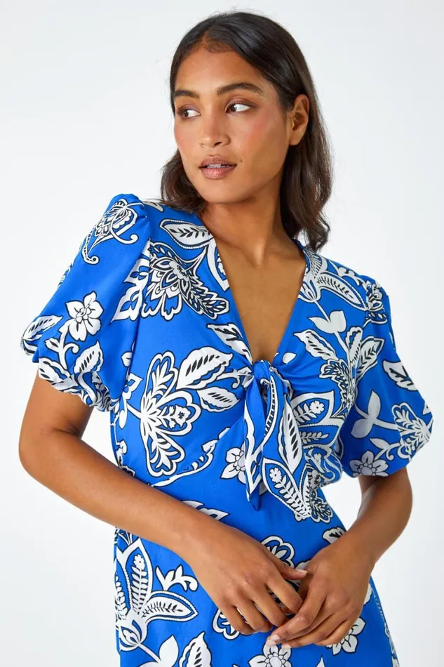 Women Royal Blue Bold Floral Stretch Midi Dress Roman Dresses