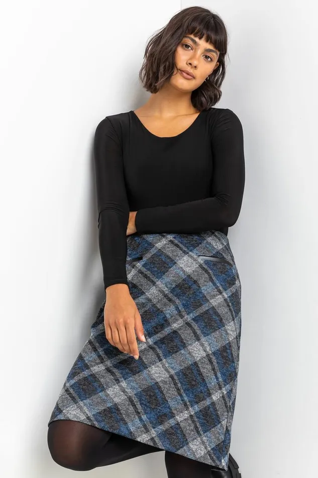 Women Royal Blue Check Print Textured Elastic Waist Skirt Roman Skirts