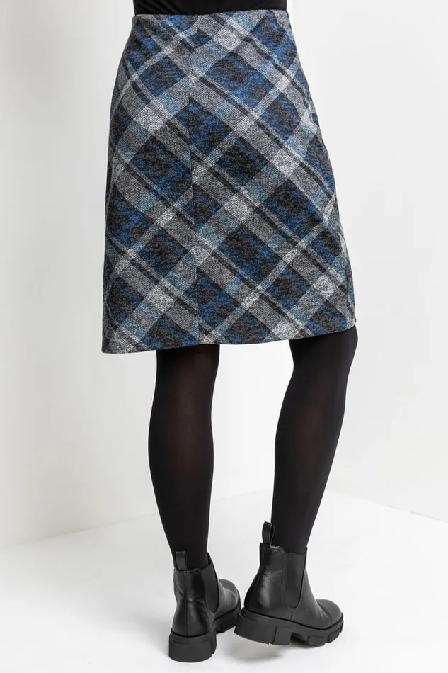 Women Royal Blue Check Print Textured Elastic Waist Skirt Roman Skirts