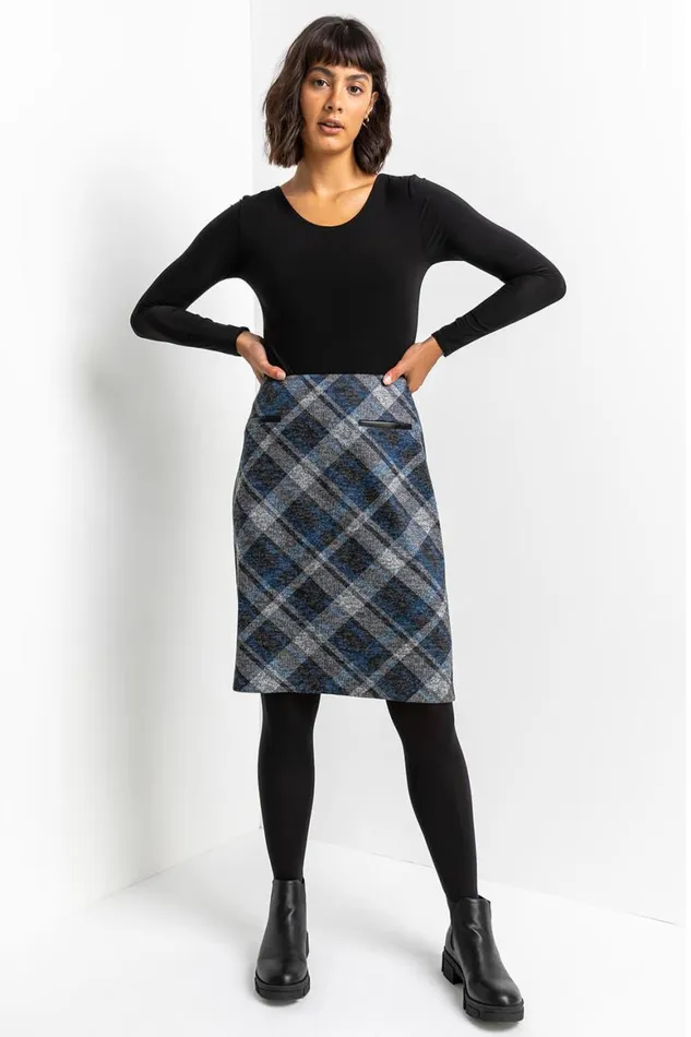 Women Royal Blue Check Print Textured Elastic Waist Skirt Roman Skirts