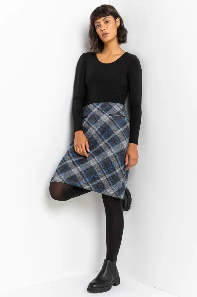 Women Royal Blue Check Print Textured Elastic Waist Skirt Roman Skirts