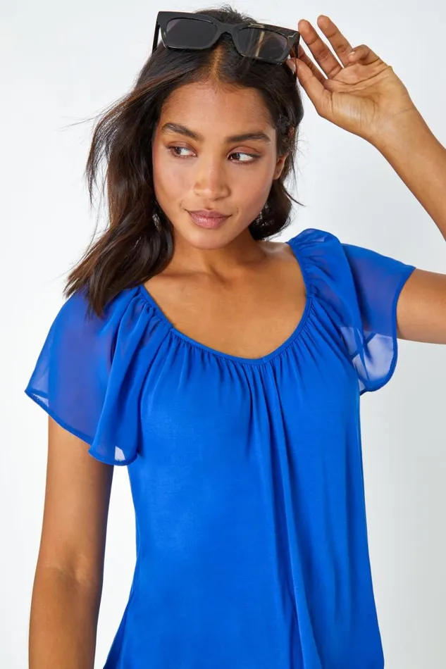 Women Royal Blue Chiffon Sleeve VNeck Stretch Jersey Top Roman Tops