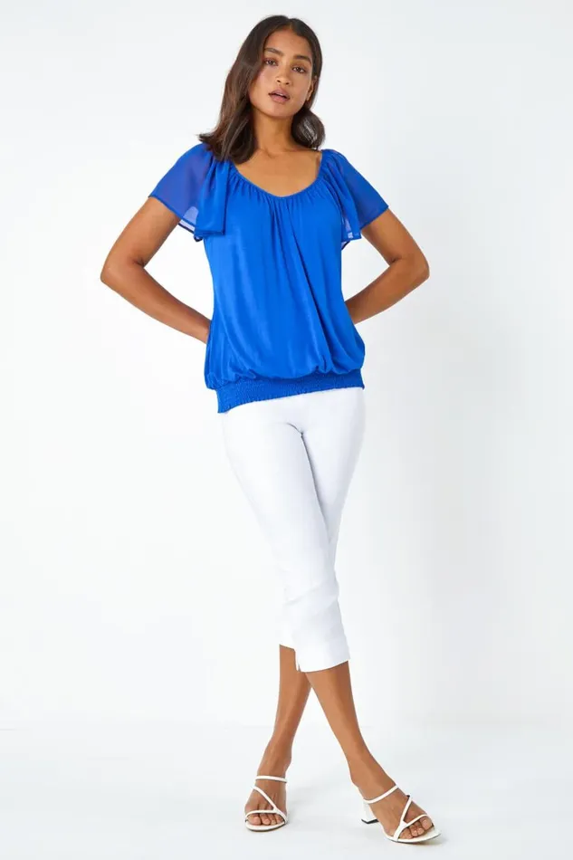 Women Royal Blue Chiffon Sleeve VNeck Stretch Jersey Top Roman Tops