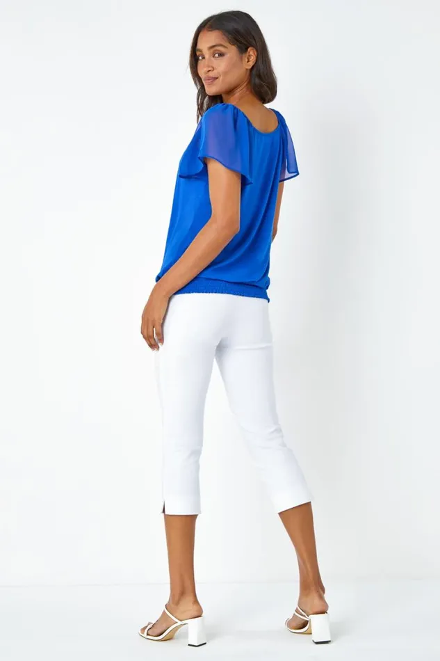 Women Royal Blue Chiffon Sleeve VNeck Stretch Jersey Top Roman Tops