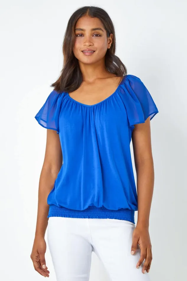 Women Royal Blue Chiffon Sleeve VNeck Stretch Jersey Top Roman Tops