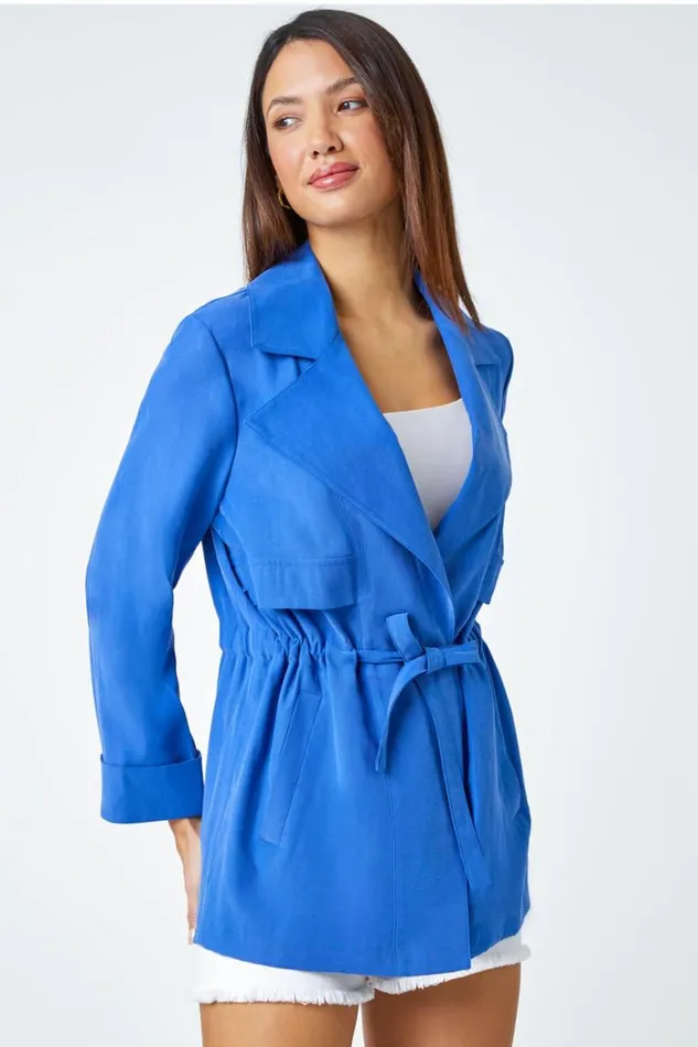 Women Royal Blue Collared Tie Waist Jacket Roman Jackets