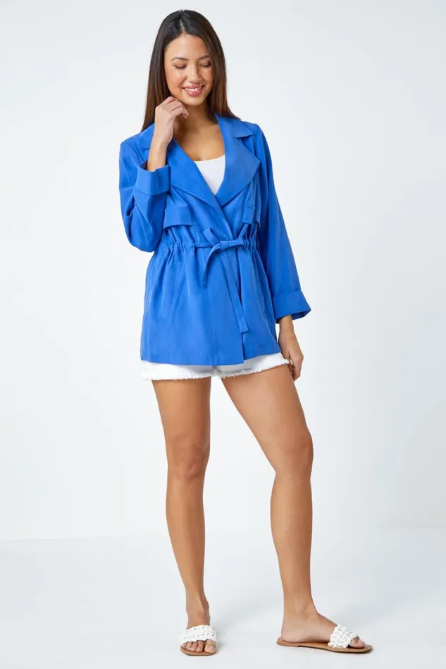Women Royal Blue Collared Tie Waist Jacket Roman Jackets