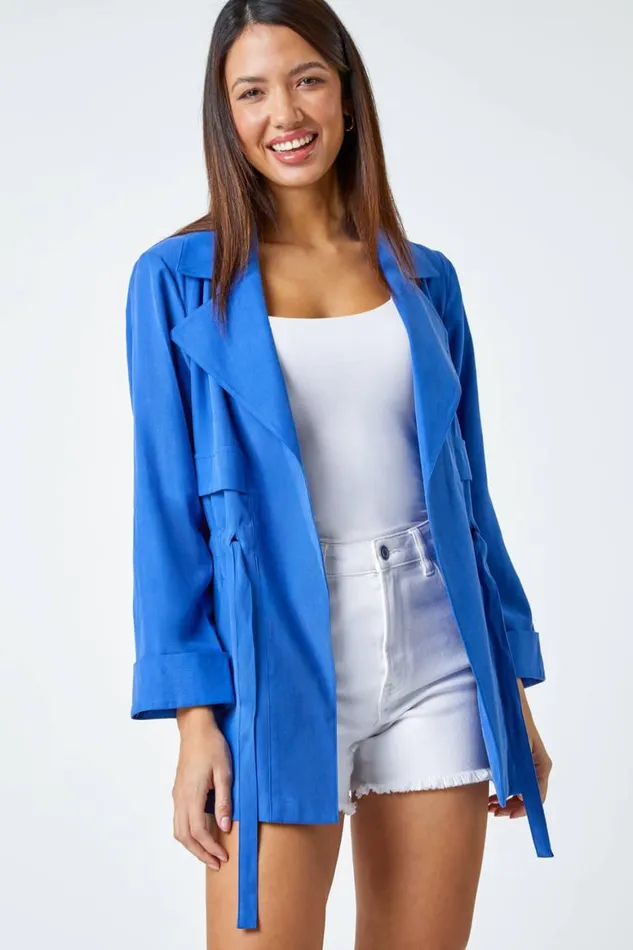 Women Royal Blue Collared Tie Waist Jacket Roman Jackets