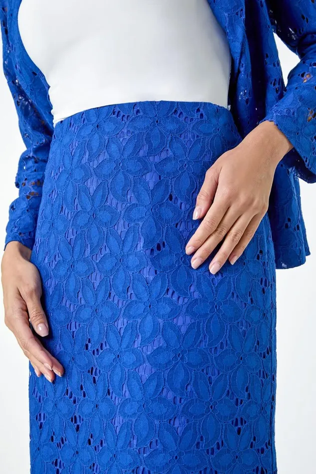 Women Royal Blue Cotton Blend Floral Lace A Line Skirt Roman Skirts