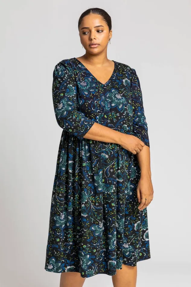 Women Royal Blue Curve Boho Floral Print Midi Dress Roman Dresses