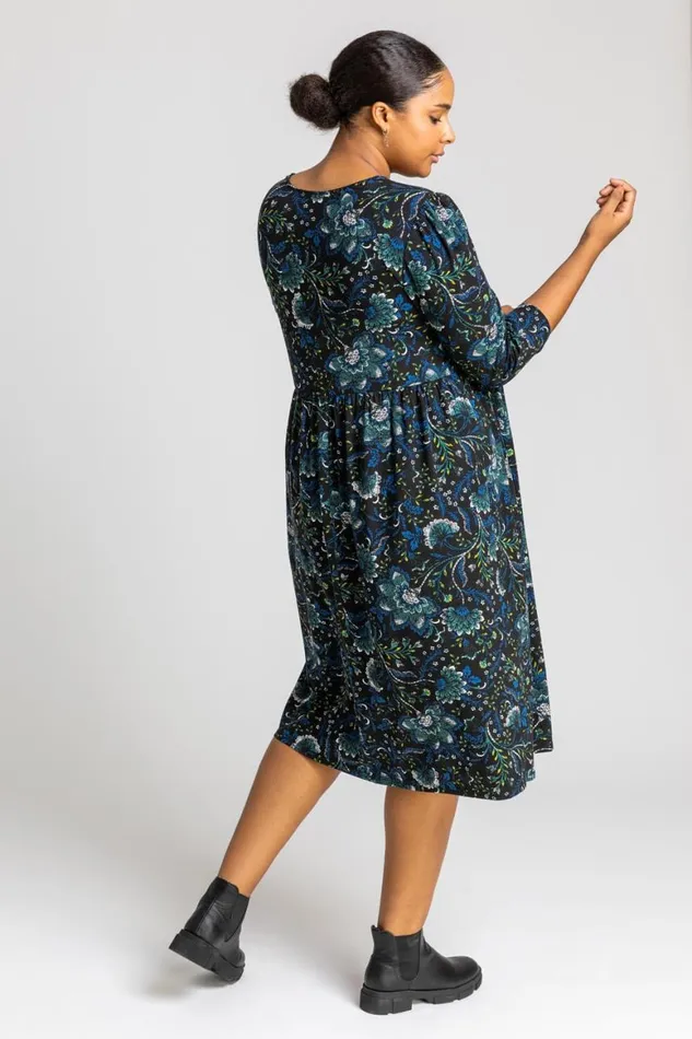 Women Royal Blue Curve Boho Floral Print Midi Dress Roman Dresses