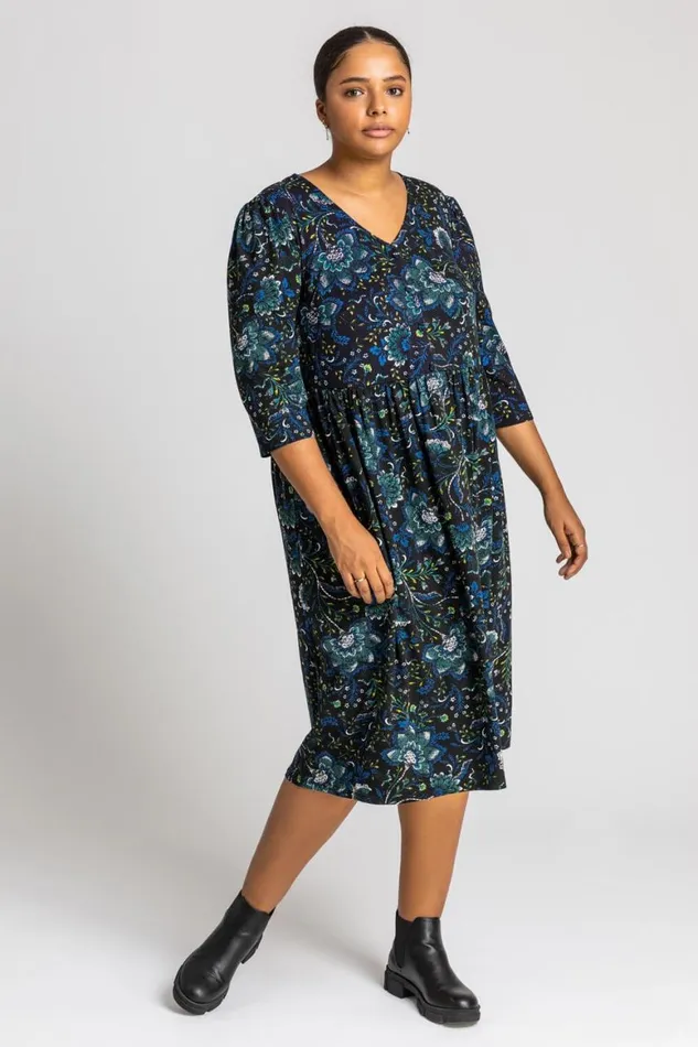 Women Royal Blue Curve Boho Floral Print Midi Dress Roman Dresses