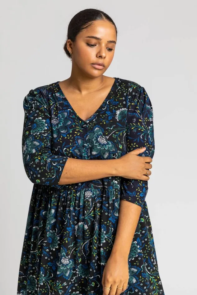Women Royal Blue Curve Boho Floral Print Midi Dress Roman Dresses