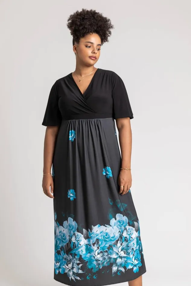 Women Royal Blue Curve Floral Border Print Maxi Dress Roman Dresses