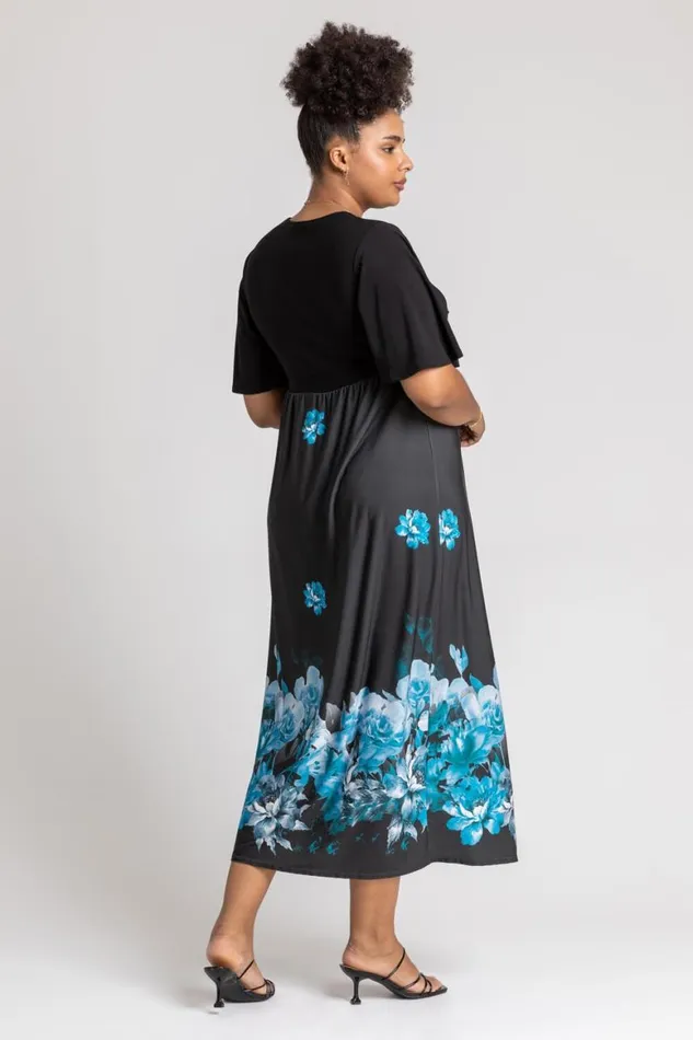 Women Royal Blue Curve Floral Border Print Maxi Dress Roman Dresses