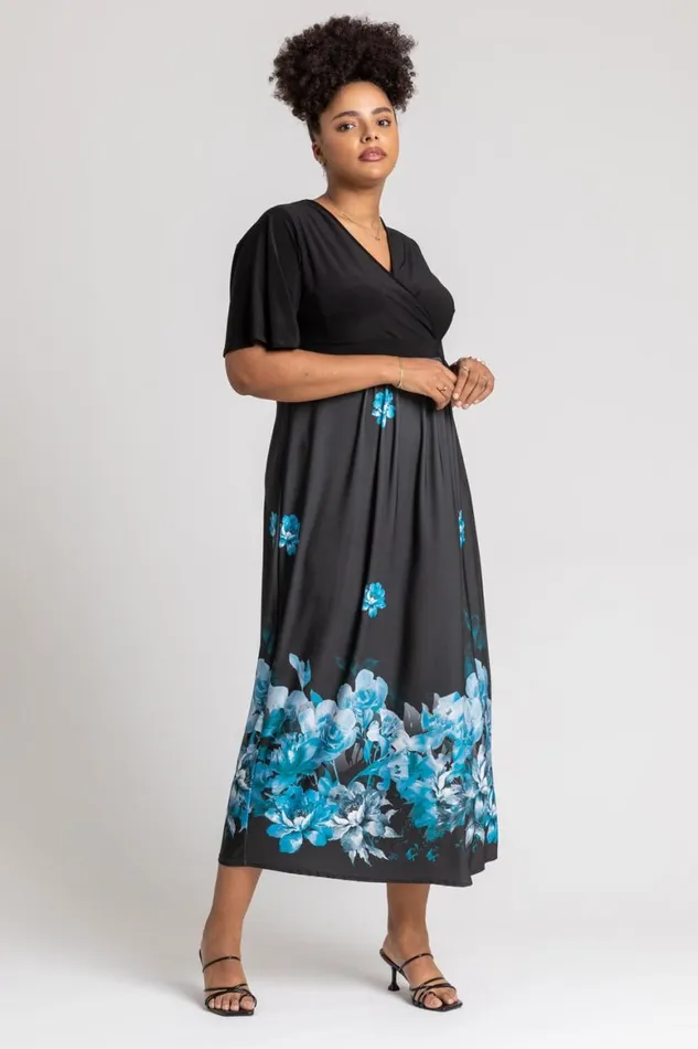 Women Royal Blue Curve Floral Border Print Maxi Dress Roman Dresses
