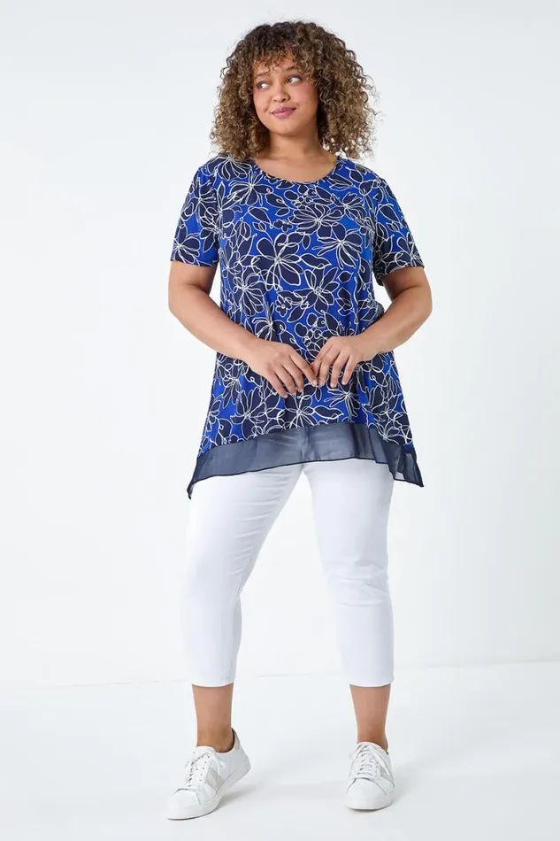 Women Royal Blue Curve Floral Print Chiffon Hem Top Roman Tops