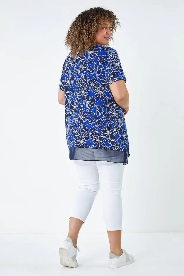Women Royal Blue Curve Floral Print Chiffon Hem Top Roman Tops