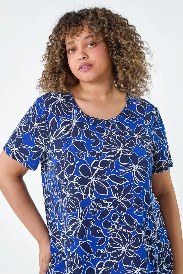 Women Royal Blue Curve Floral Print Chiffon Hem Top Roman Tops