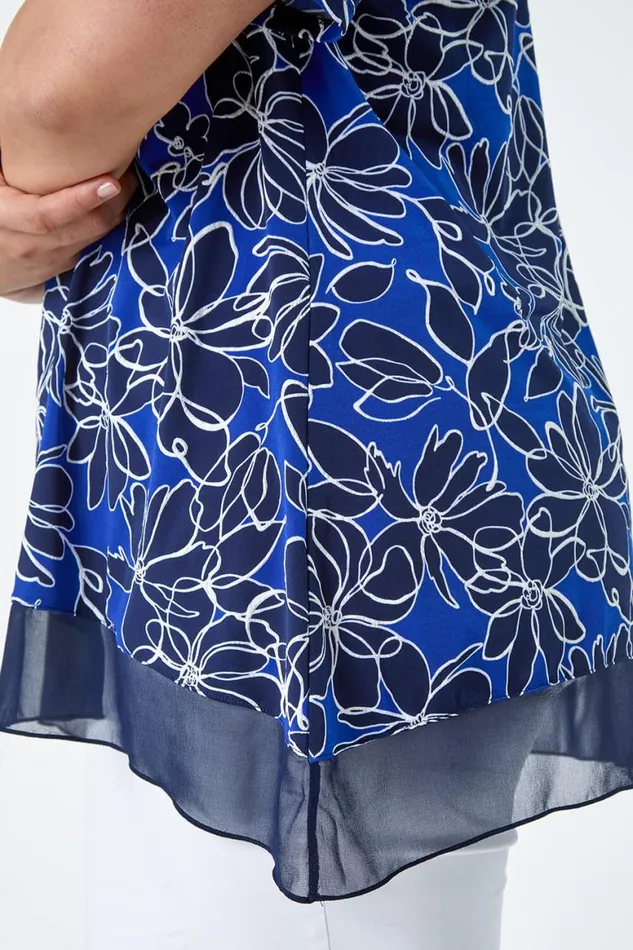 Women Royal Blue Curve Floral Print Chiffon Hem Top Roman Tops