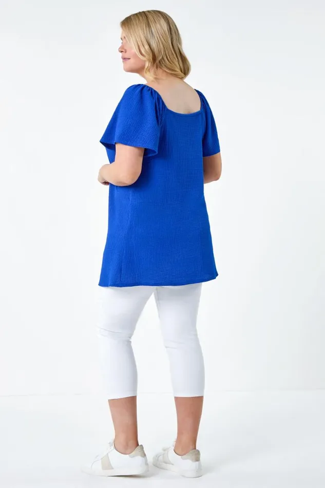 Women Royal Blue Curve Tie Front Stretch Jersey Top Roman Tops