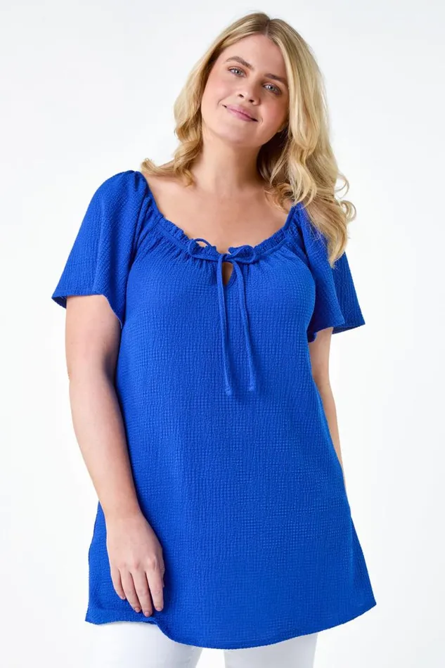Women Royal Blue Curve Tie Front Stretch Jersey Top Roman Tops
