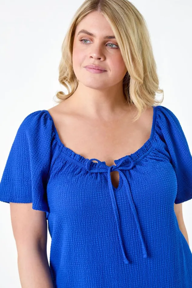 Women Royal Blue Curve Tie Front Stretch Jersey Top Roman Tops