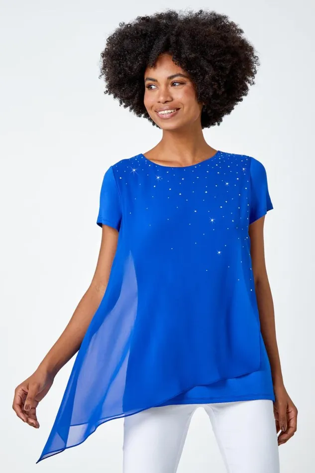 Women Royal Blue Diamante Embellished Overlay Top Roman Tops
