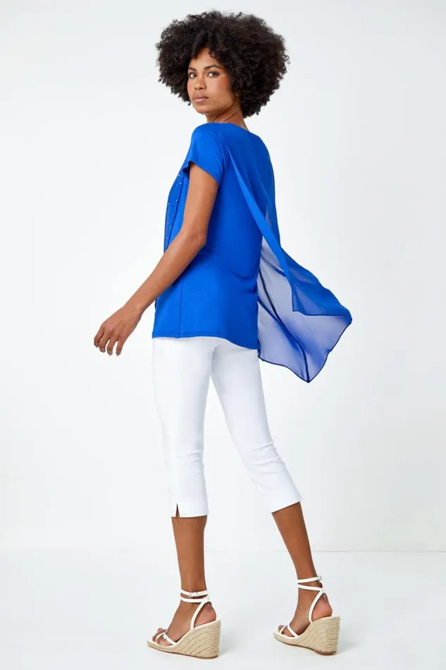 Women Royal Blue Diamante Embellished Overlay Top Roman Tops