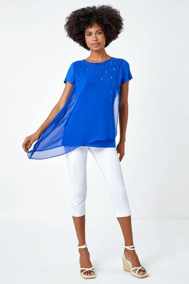Women Royal Blue Diamante Embellished Overlay Top Roman Tops