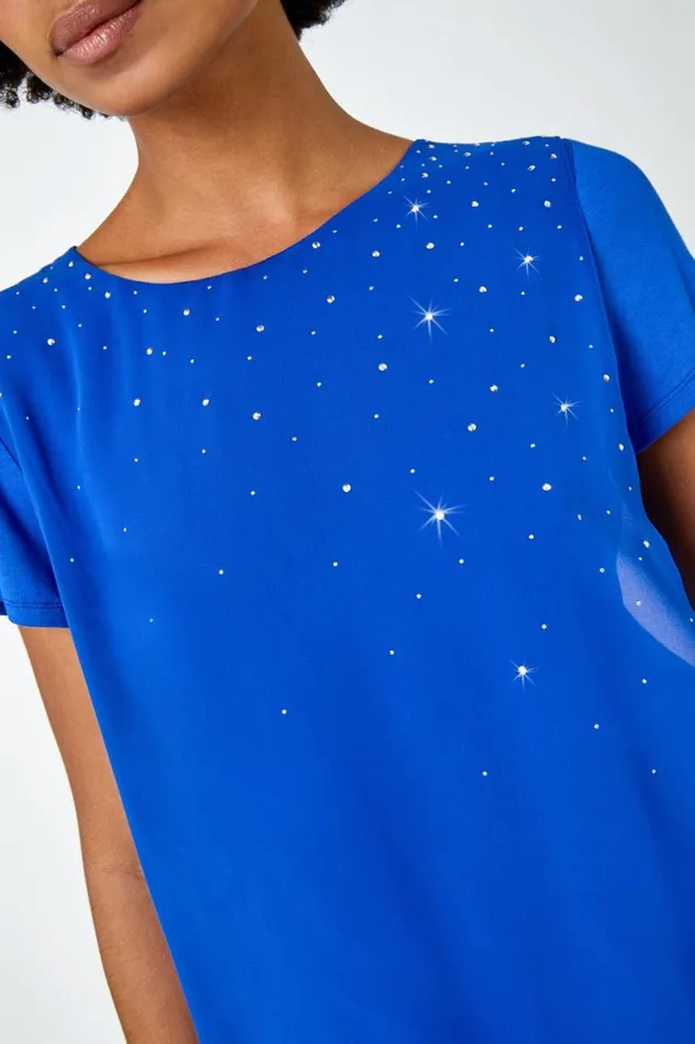 Women Royal Blue Diamante Embellished Overlay Top Roman Tops