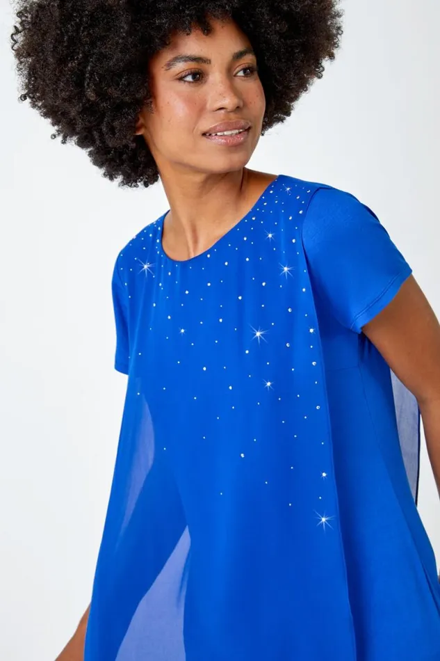 Women Royal Blue Diamante Embellished Overlay Top Roman Tops