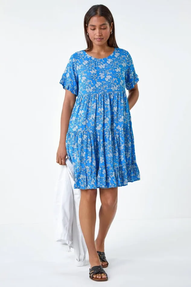 Women Royal Blue Ditsy Floral Print Tiered Smock Dress Roman Dresses