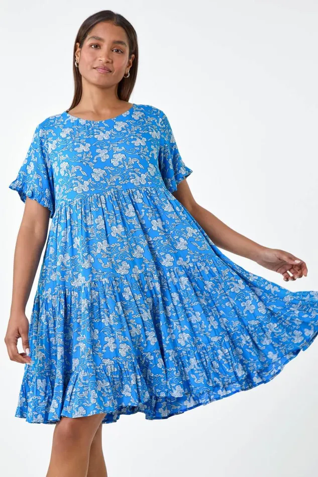Women Royal Blue Ditsy Floral Print Tiered Smock Dress Roman Dresses