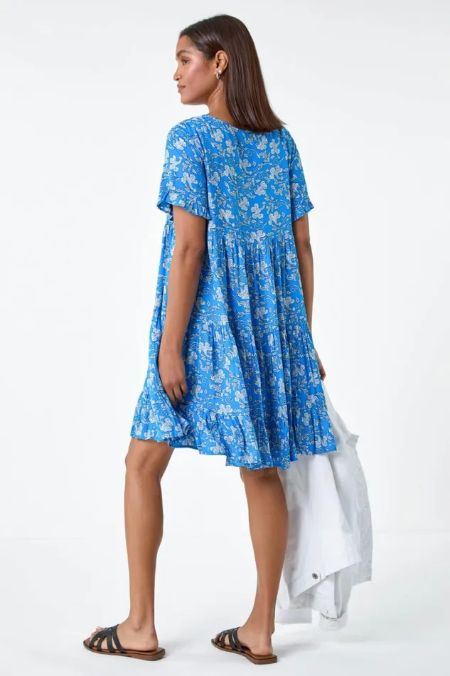 Women Royal Blue Ditsy Floral Print Tiered Smock Dress Roman Dresses